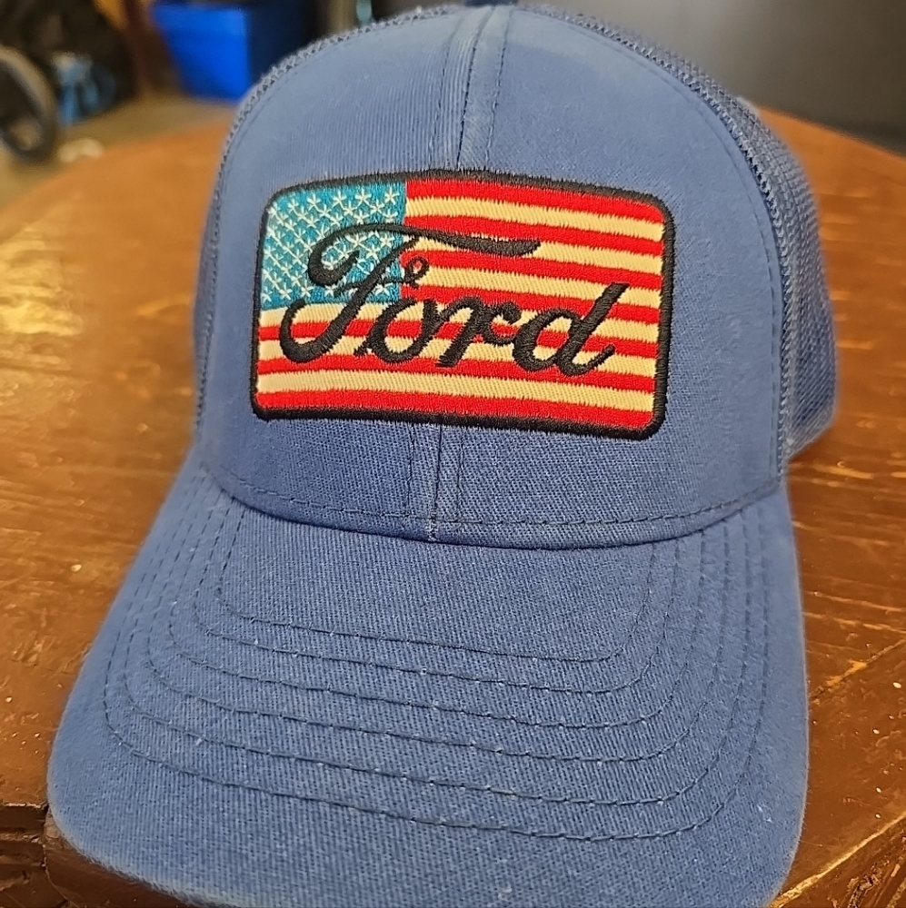 Ford Blue Trucker Hat with American Flag Patch